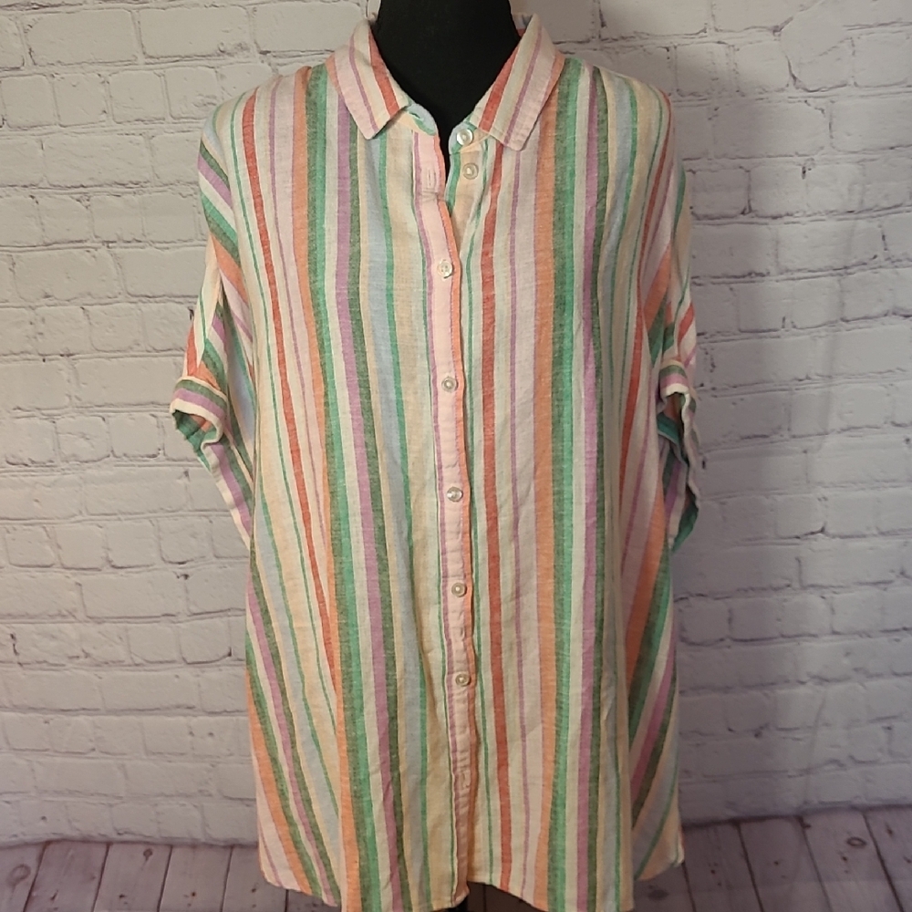 Linen Blend XXL(20) Multi Striped Cap Sleeve Button Front Camp Summer Shirt